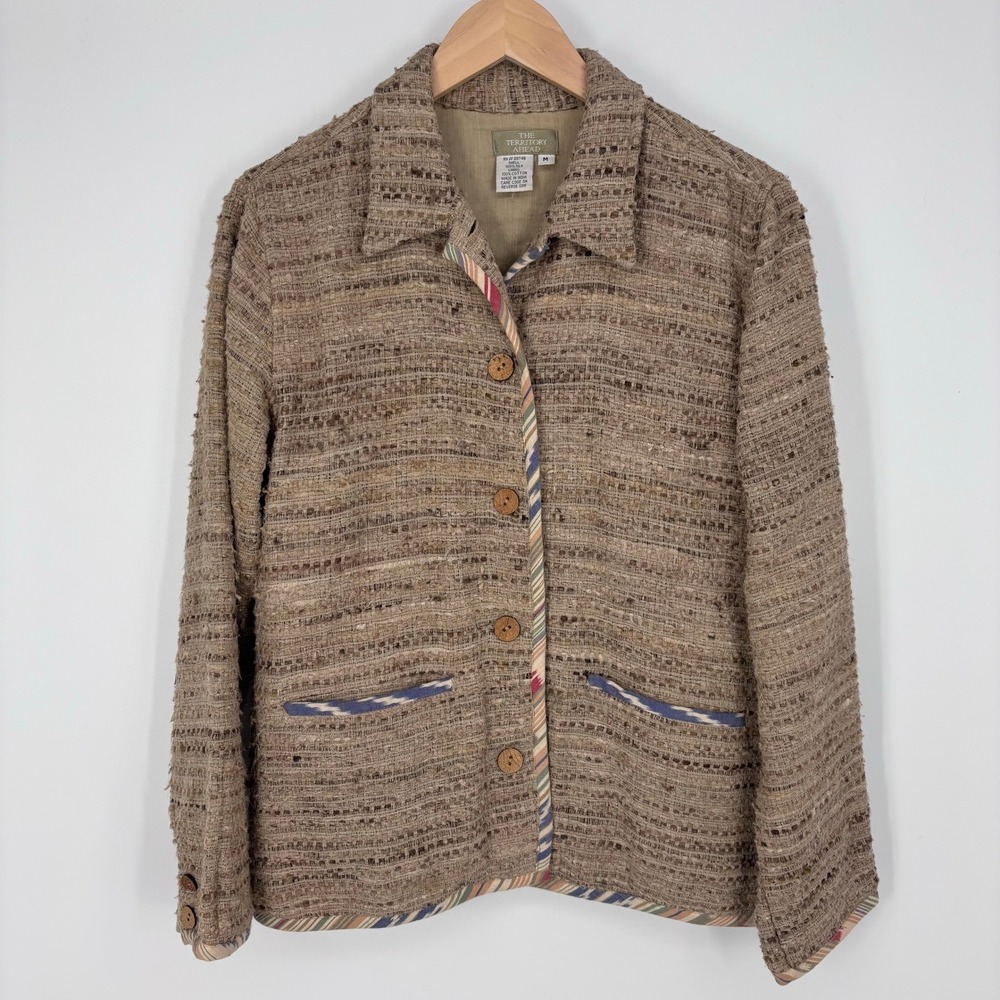 Vintage The Territory Ahead Silk Textured Button Up Jacket Women M Brown Pockets
